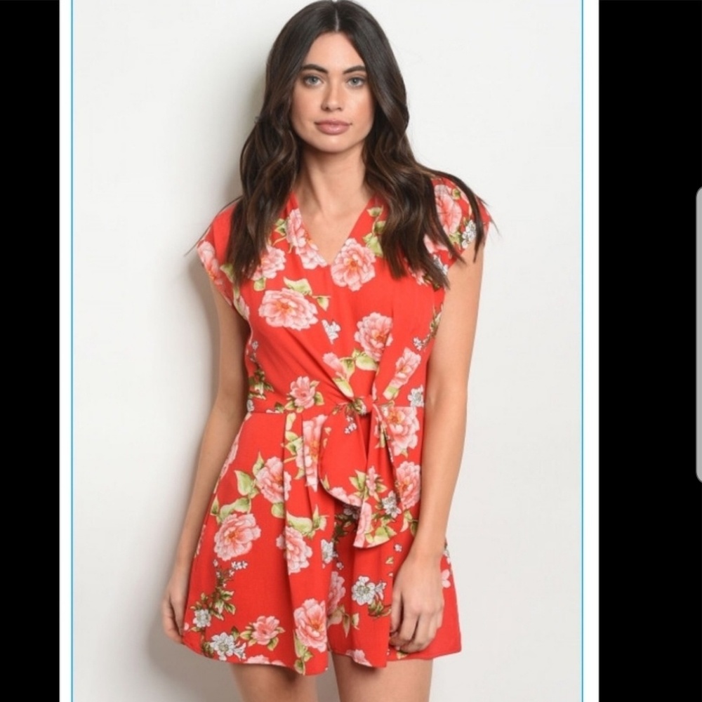 Red Floral Front Tie Romper - Picture 2 of 6